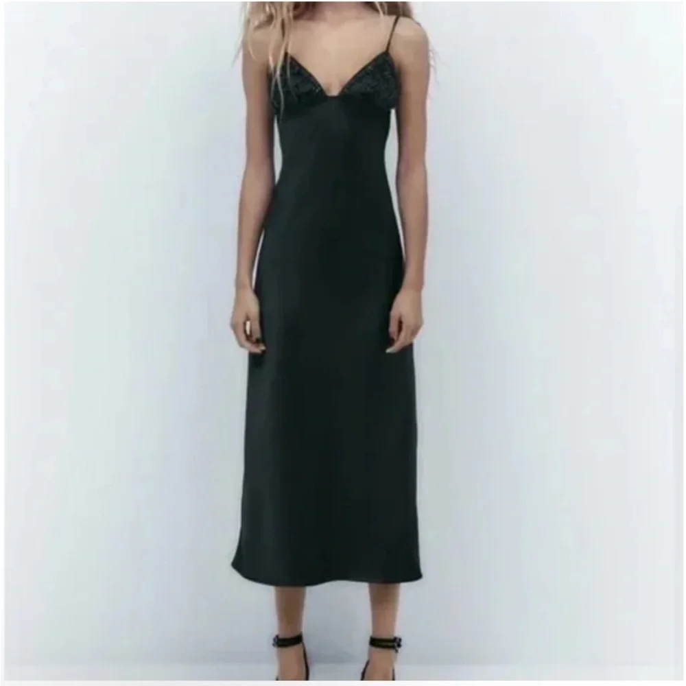 Zara | Dresses | Zara Nwt Beaded Satin V Neck Midi Dress Small Black |  Poshmark